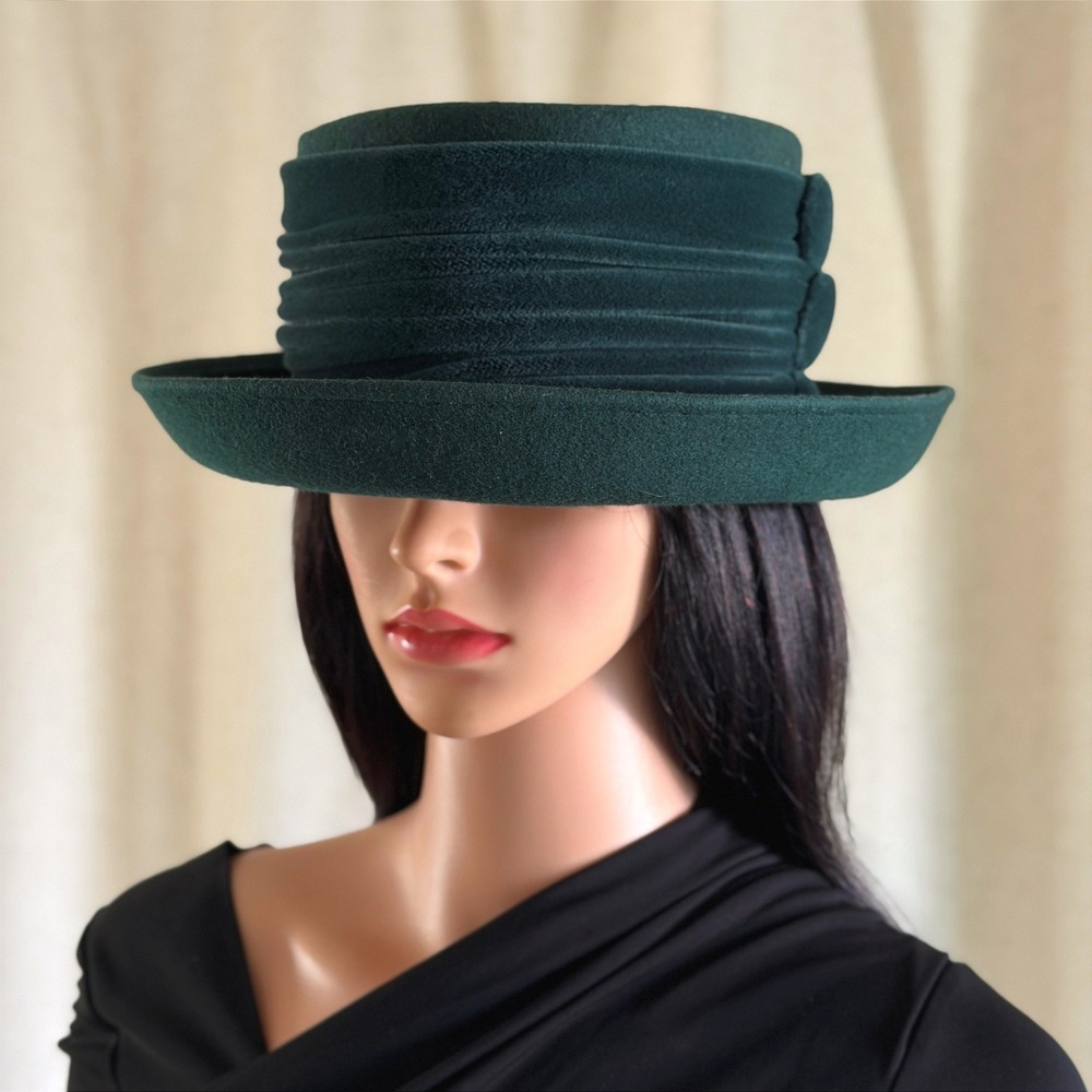 Vtg 90s Kangol Vintage Women Forest Green 100% Wool Bowler Hat Great Britain Mod